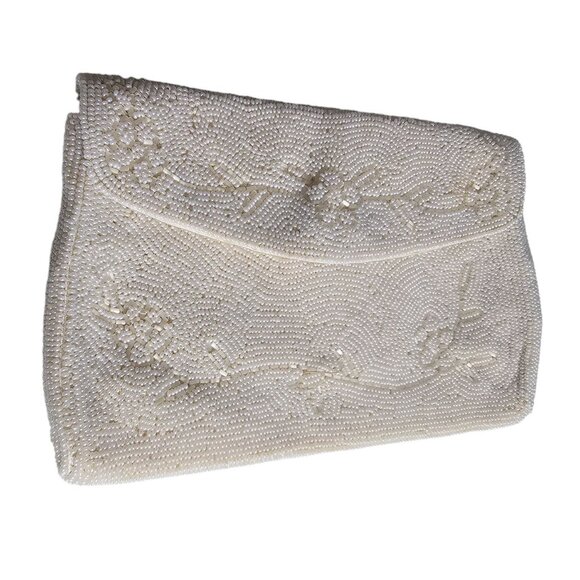Vintage Hand-Beaded Ivory Clutch Purse Made in Japan Bridal bag - Picture 4 of 11